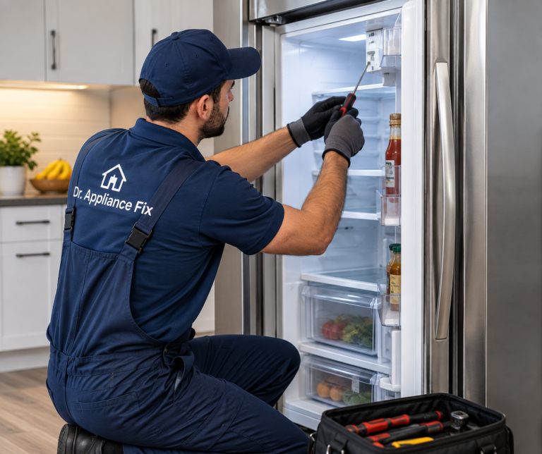 Technician looking inside a refrigerator during a service visit